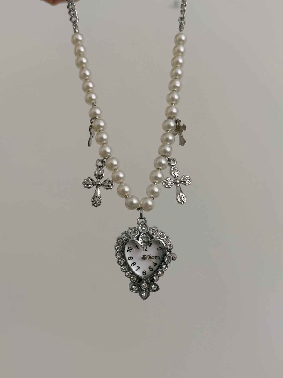 Pearly Cross Watch Necklace