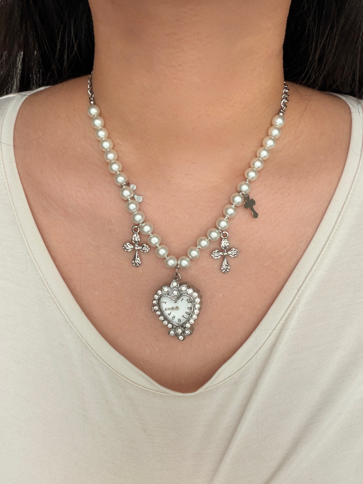 Pearly Cross Watch Necklace