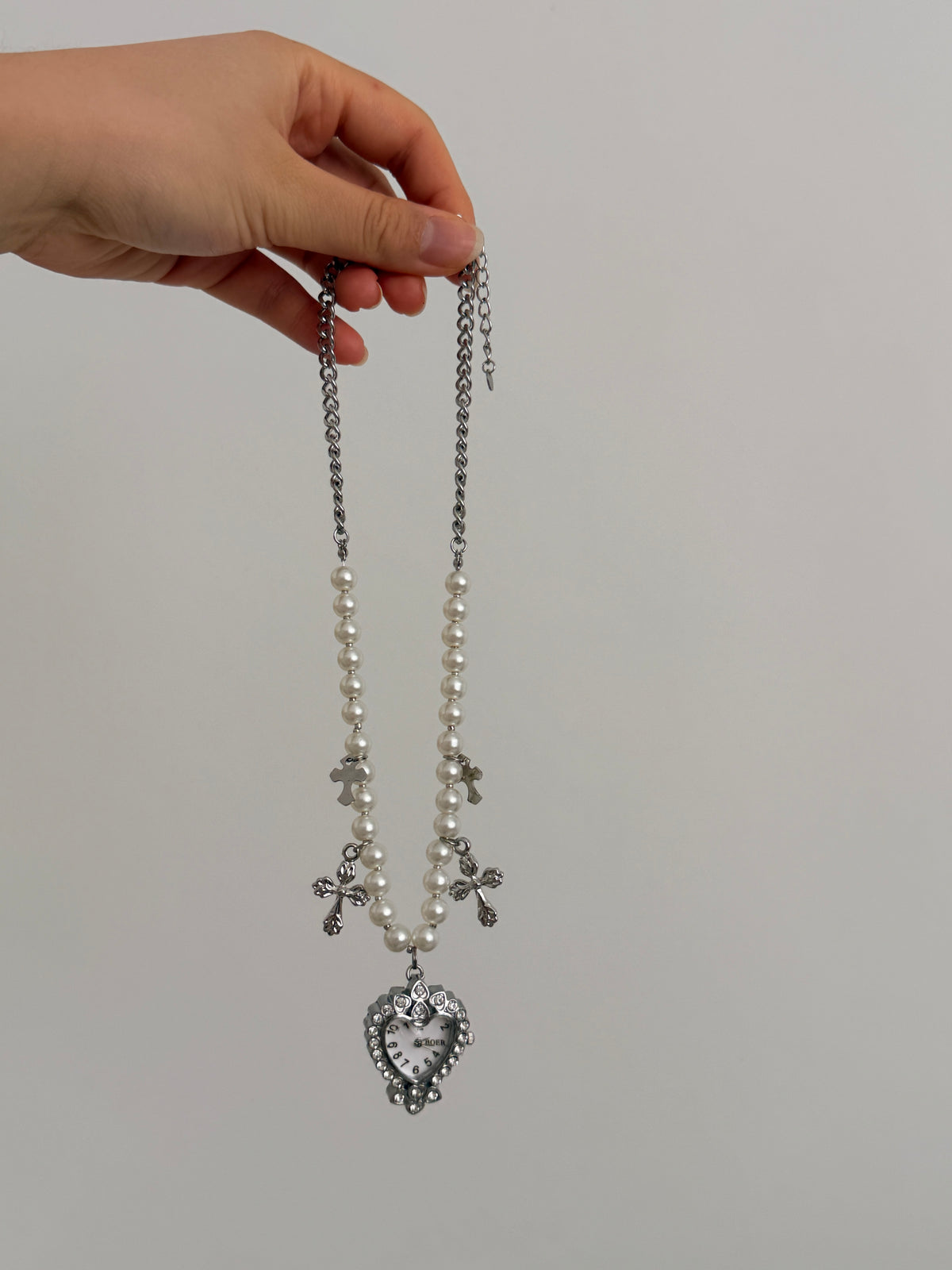 Pearly Cross Watch Necklace