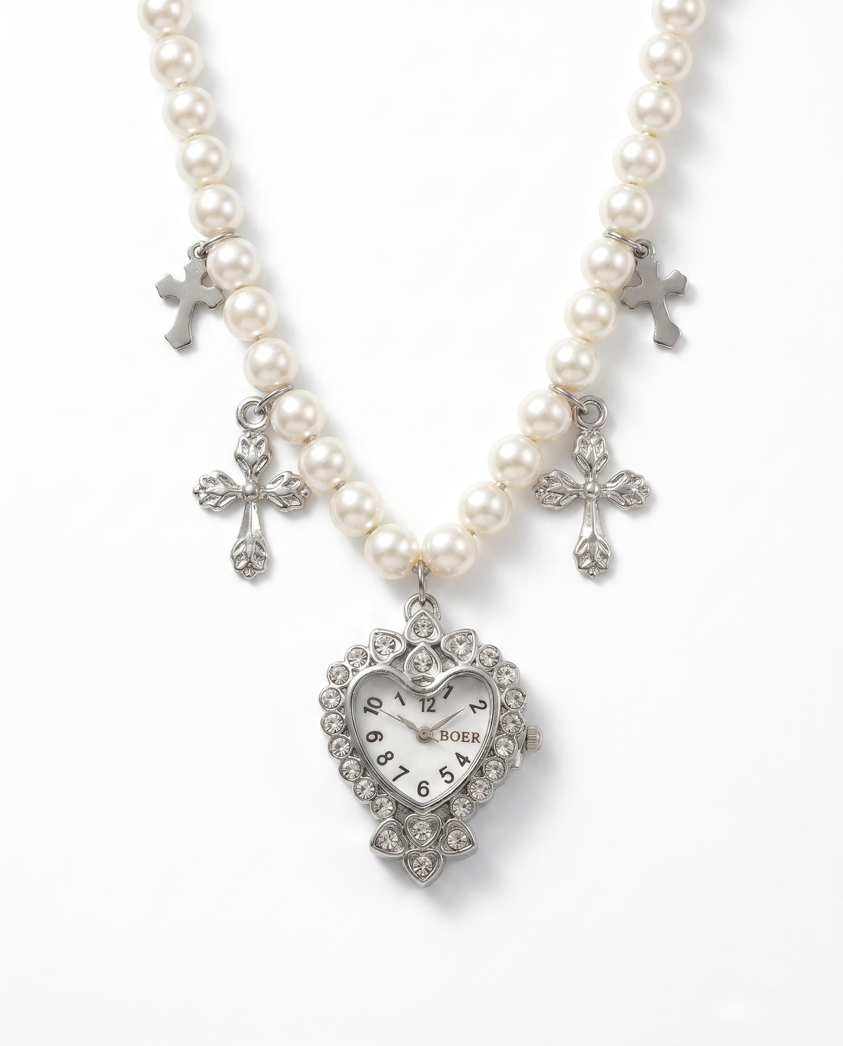 Pearly Cross Watch Necklace