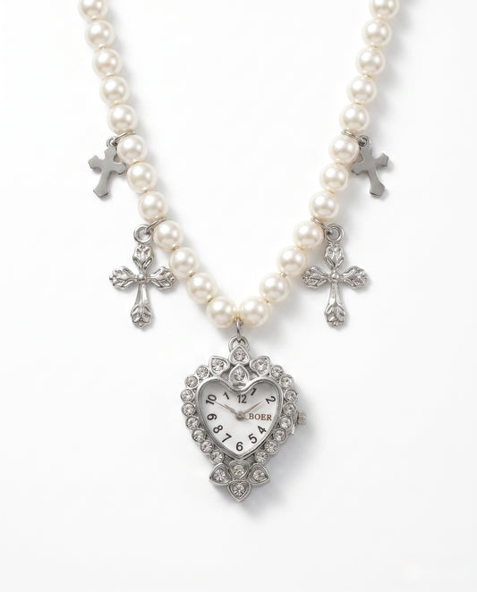 Pearly Cross Watch Necklace