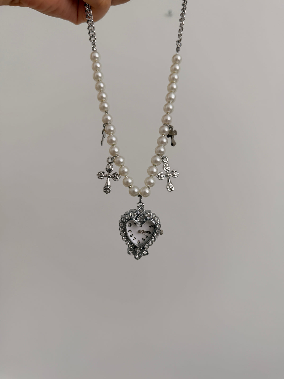 Pearly Cross Watch Necklace