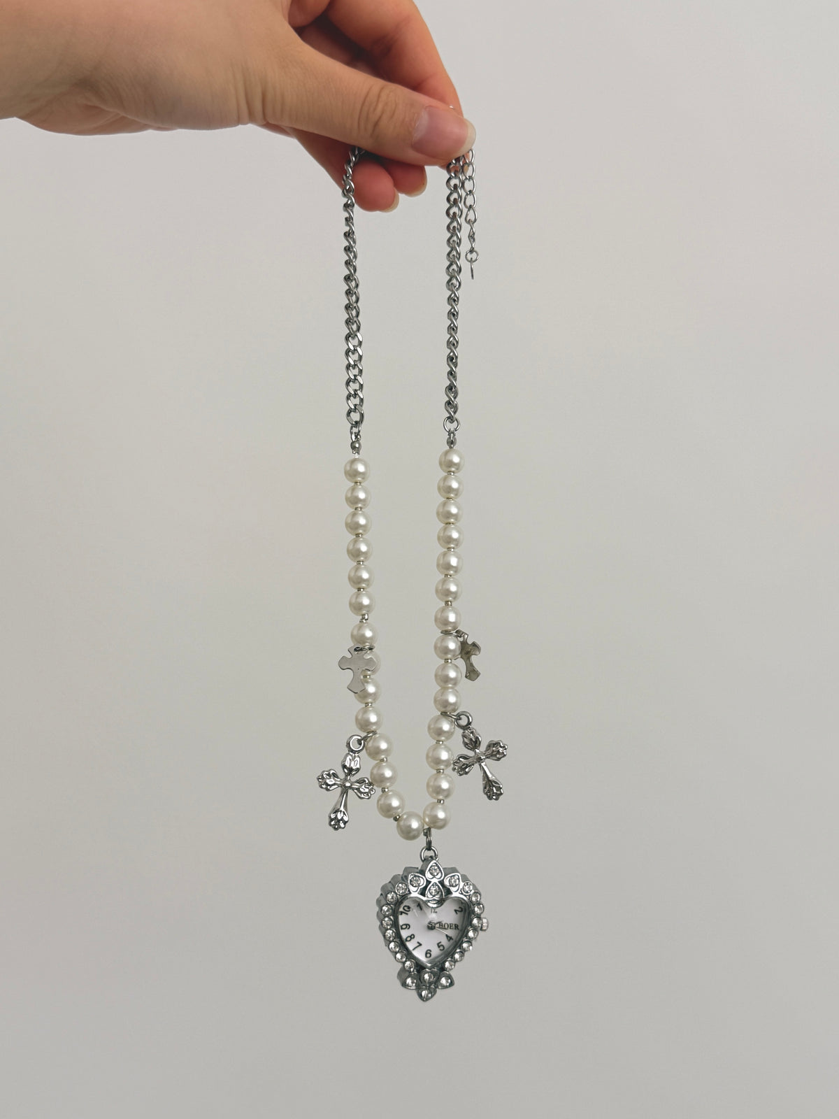 Pearly Cross Watch Necklace